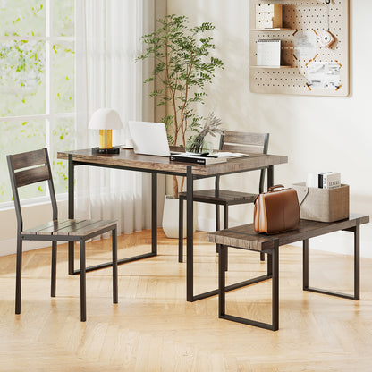 4-Piece Wooden Rectangular Dining Table Set with 1 Bench and 2 Armless Chairs for 4-Grey