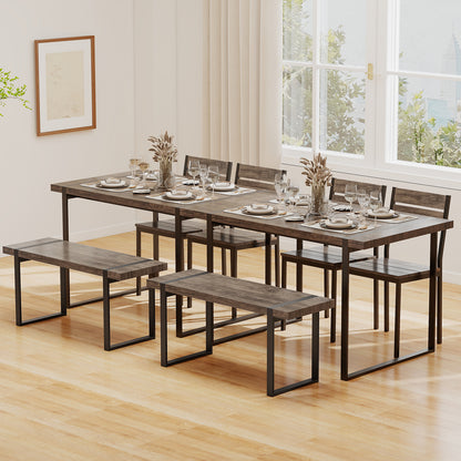 4-Piece Wooden Rectangular Dining Table Set with 1 Bench and 2 Armless Chairs for 4-Grey