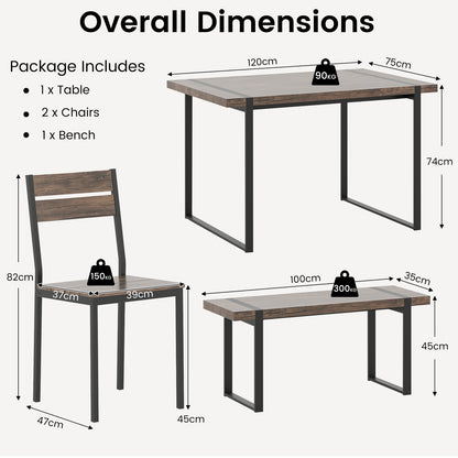 4-Piece Wooden Rectangular Dining Table Set with 1 Bench and 2 Armless Chairs for 4-Grey