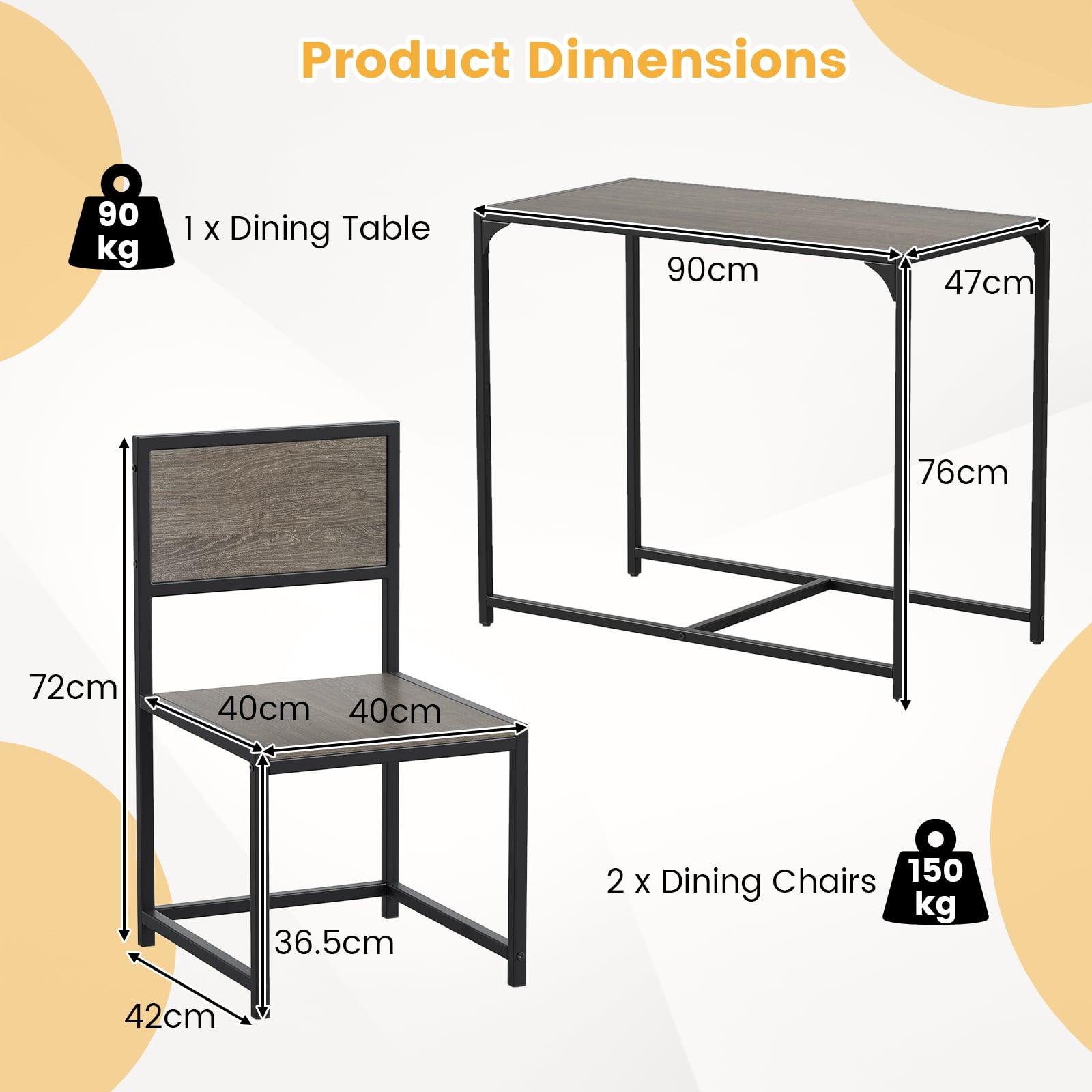 3 Piece Dining Table Set with Metal Frame and Low Back-Grey
