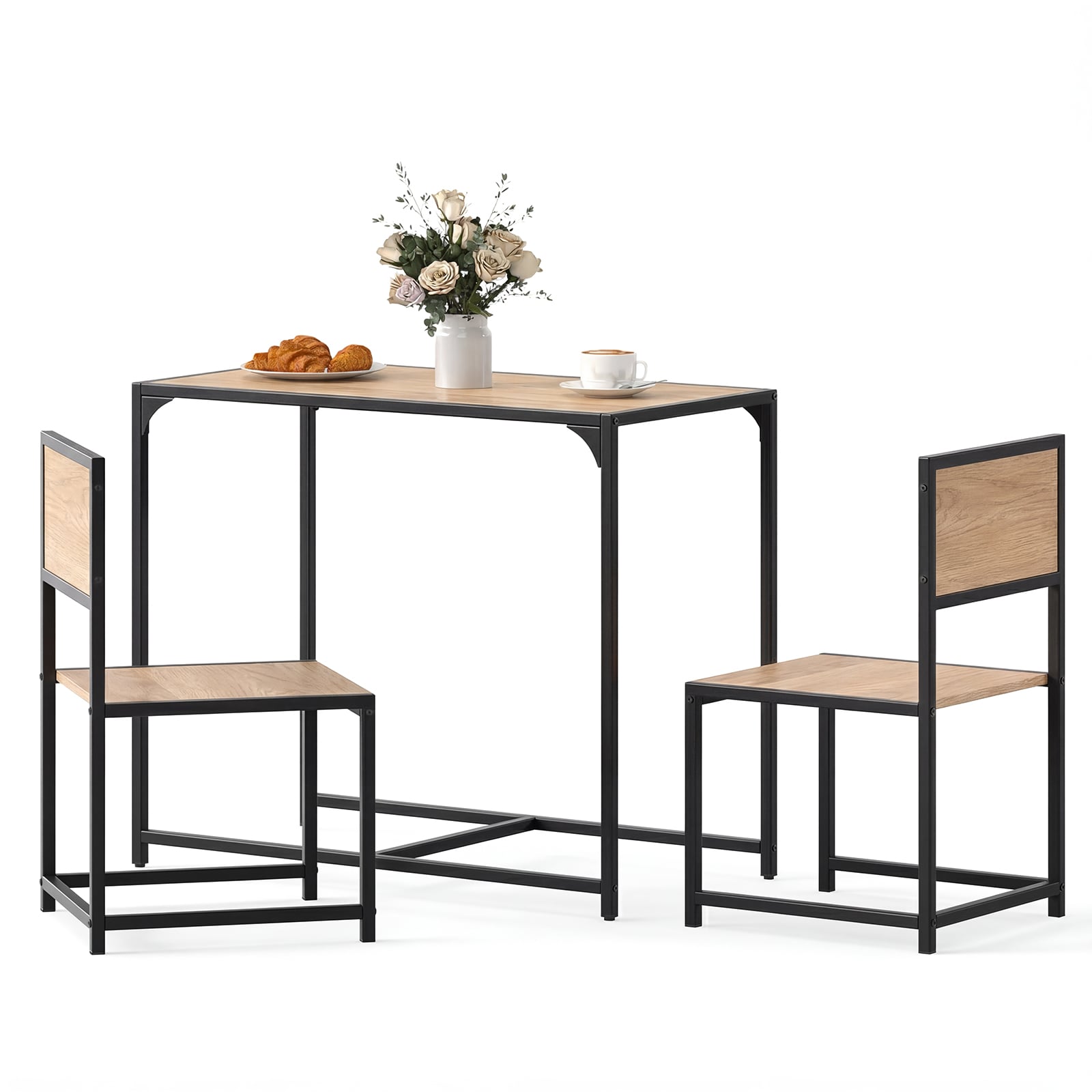 3 Piece Dining Table Set with Metal Frame and Low Back-Natural