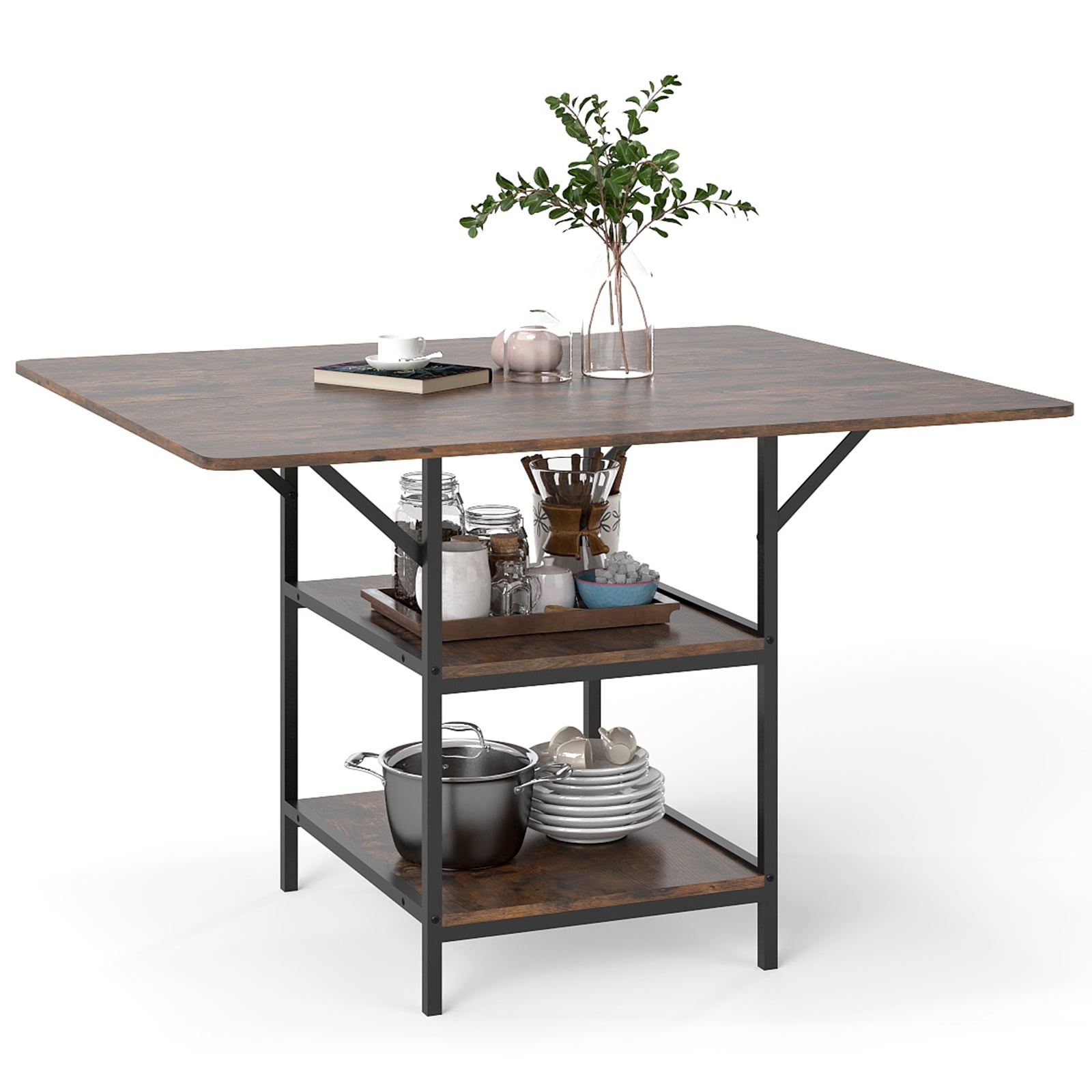 Dining Table for 4-6 Rectangular Dining Table with 2 Open Storage Shelves-Brown