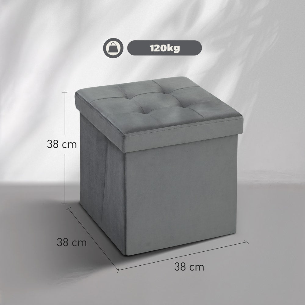 HOMCOM Foldable Velvet-Feel Storage Ottoman in Grey