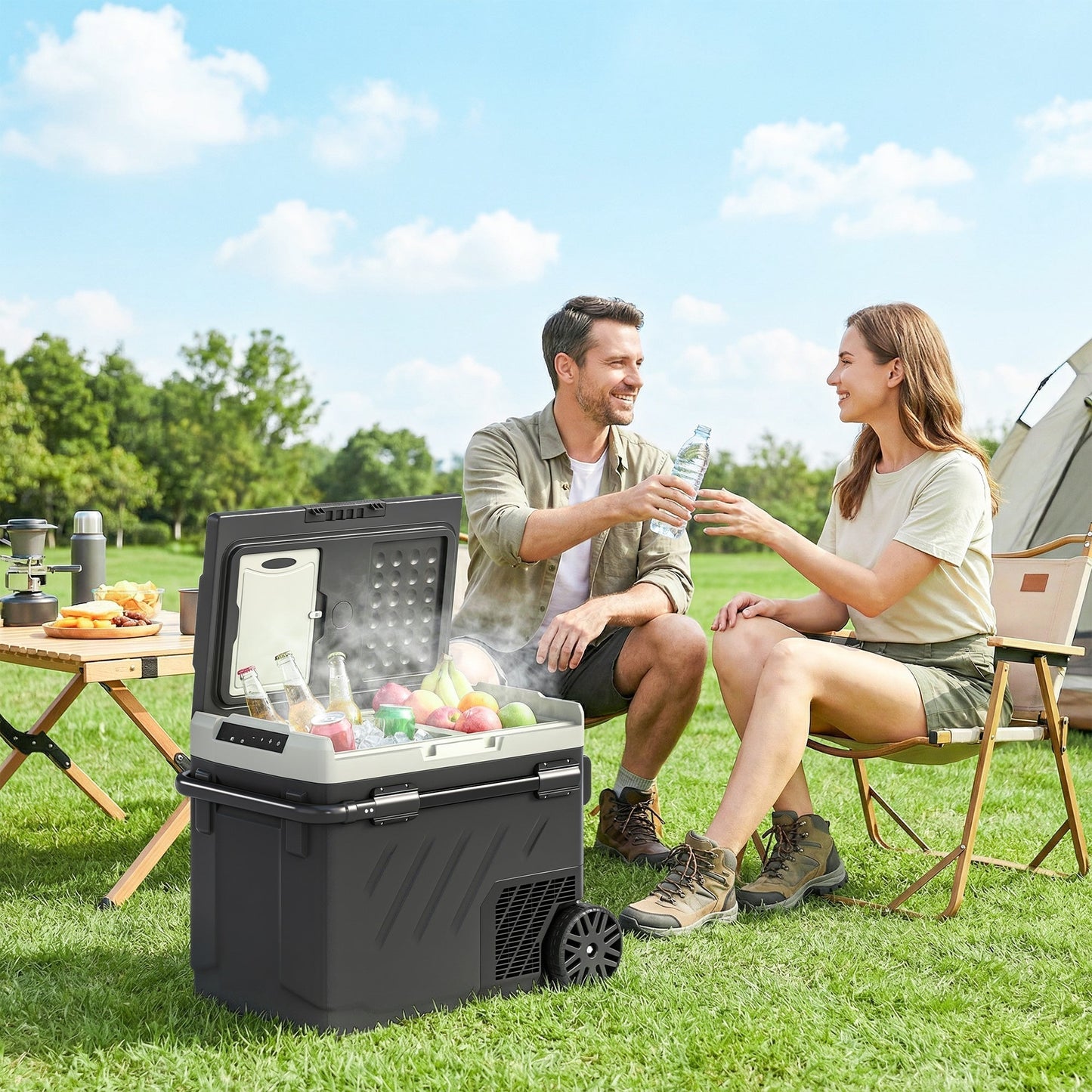Outsunny 49L Compressor Car Fridge Freezer, Dual Zone Camping Refrigerator with App Control, Telescopic Handle, -20 degrees C-20 degrees C