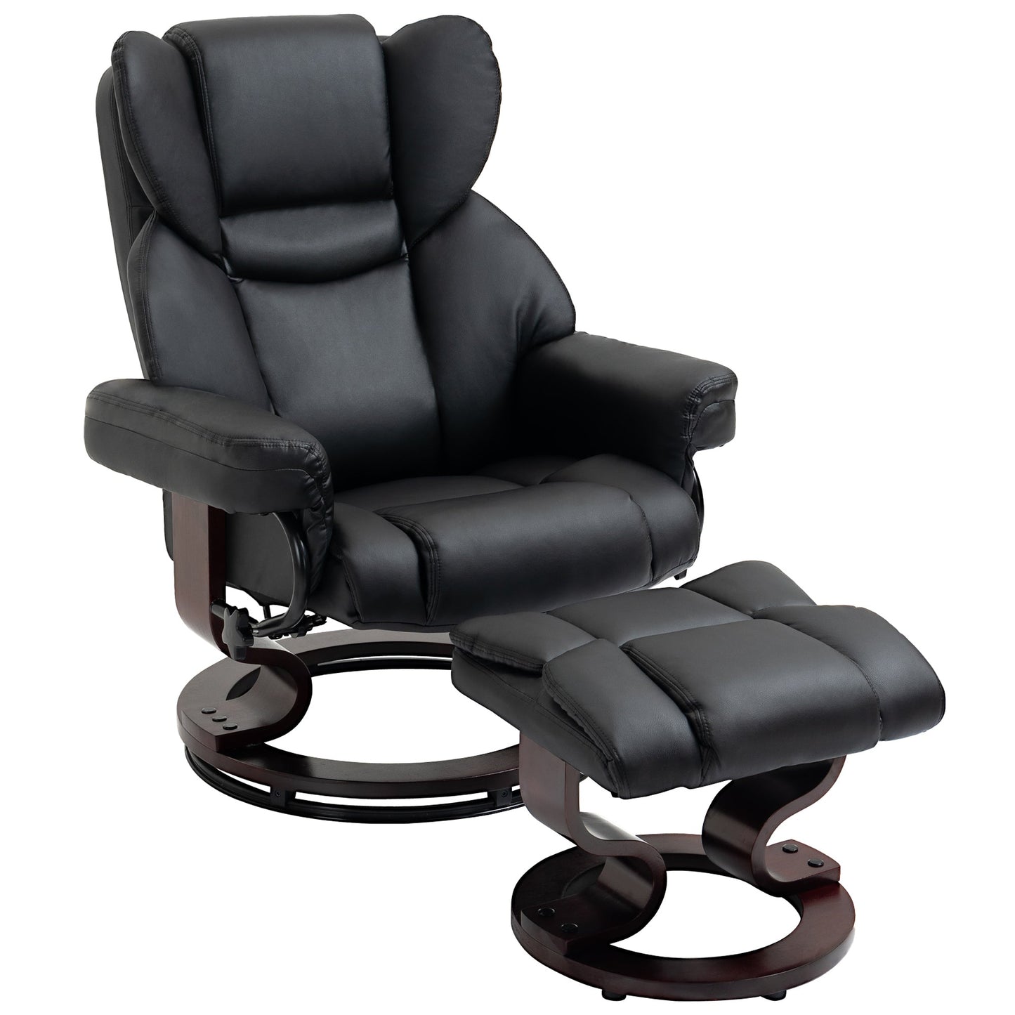 HOMCOM 360 degrees Swivel Recliner Chair with Footstool, PU Leather Manual Recliner Armchair with Footstool, Solid Wood Base, Upholstered Reclining Chair for Living Room, Bedroom, Office, Black