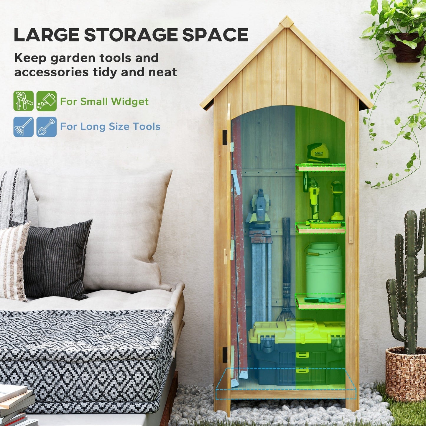 Outsunny Wooden Garden Storage Shed with 3 Shelves, Outdoor Tool Storage Cabinet with Tilt Roof and Lockable Door, 77.5 x 54.2 x 179.5 cm, Natural