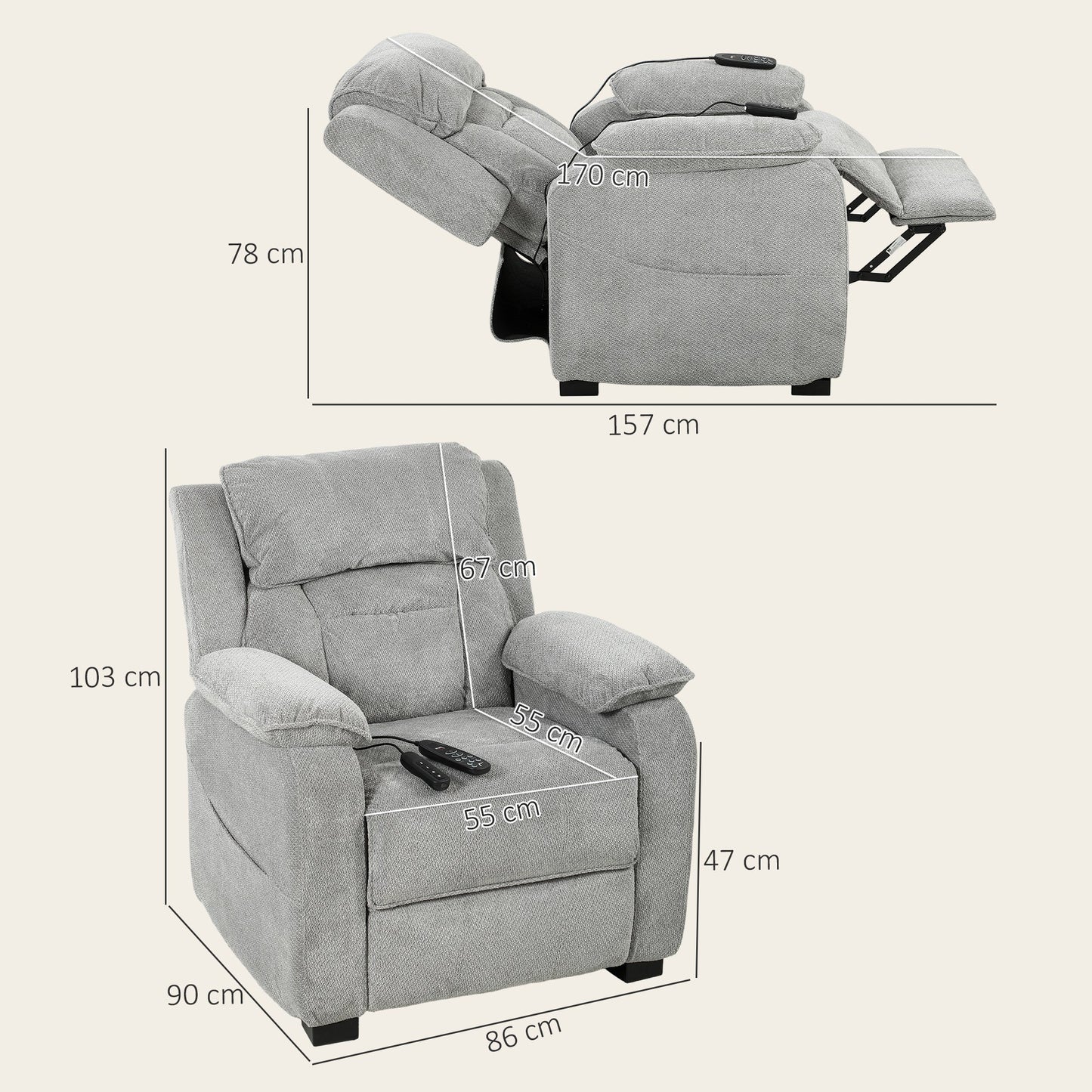 HOMCOM Power Recliner Armchair with Massage and Heat, Electric Reclining Chair with Wide Spring Seat, Light Grey
