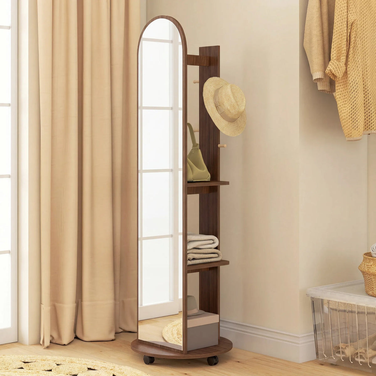 HOMCOM 2-in-1 Full Length Mirror with Storage Shelves, Floor Mirror with 4 Wheels, Coat Rack, Hooks, Brown Wood Effect