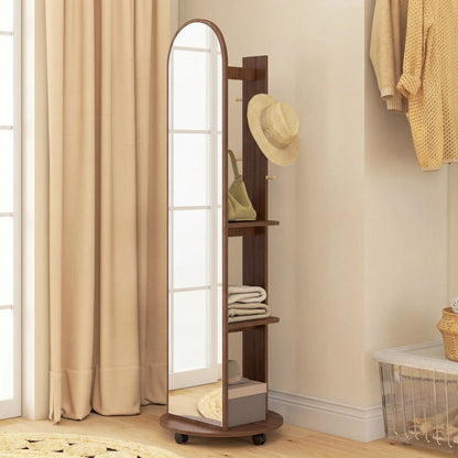 HOMCOM 2-in-1 Full Length Mirror with Storage Shelves, Floor Mirror with 4 Wheels, Coat Rack, Hooks, Brown Wood Effect
