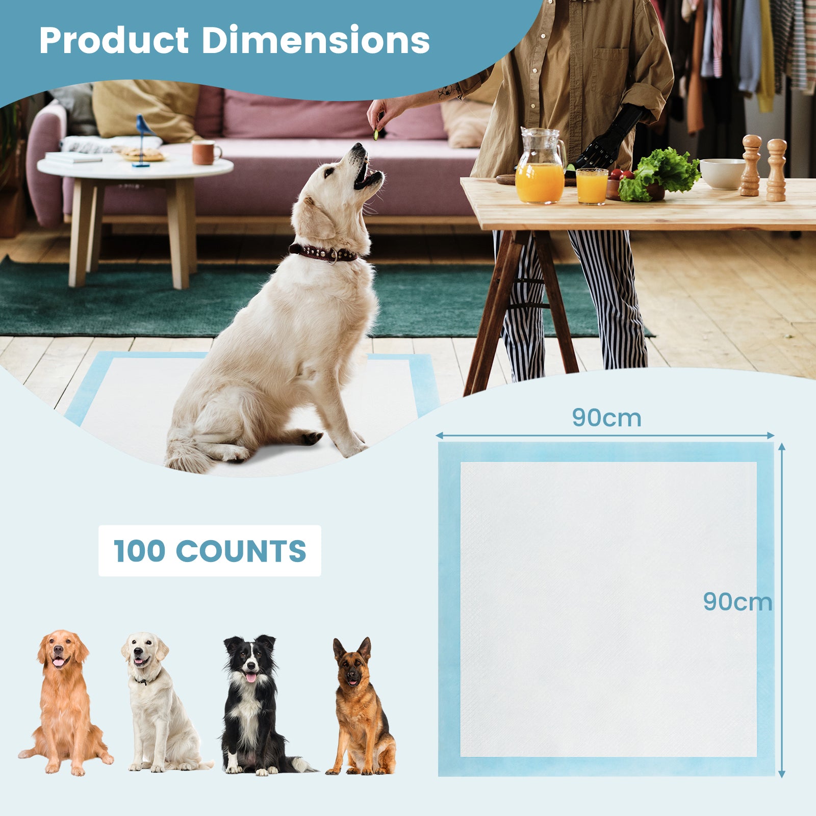 Dog and Puppy Pee Pads 90 x 90 cm(100 Counts) 6-Layer Leak-Proof Pet Pads-Blue
