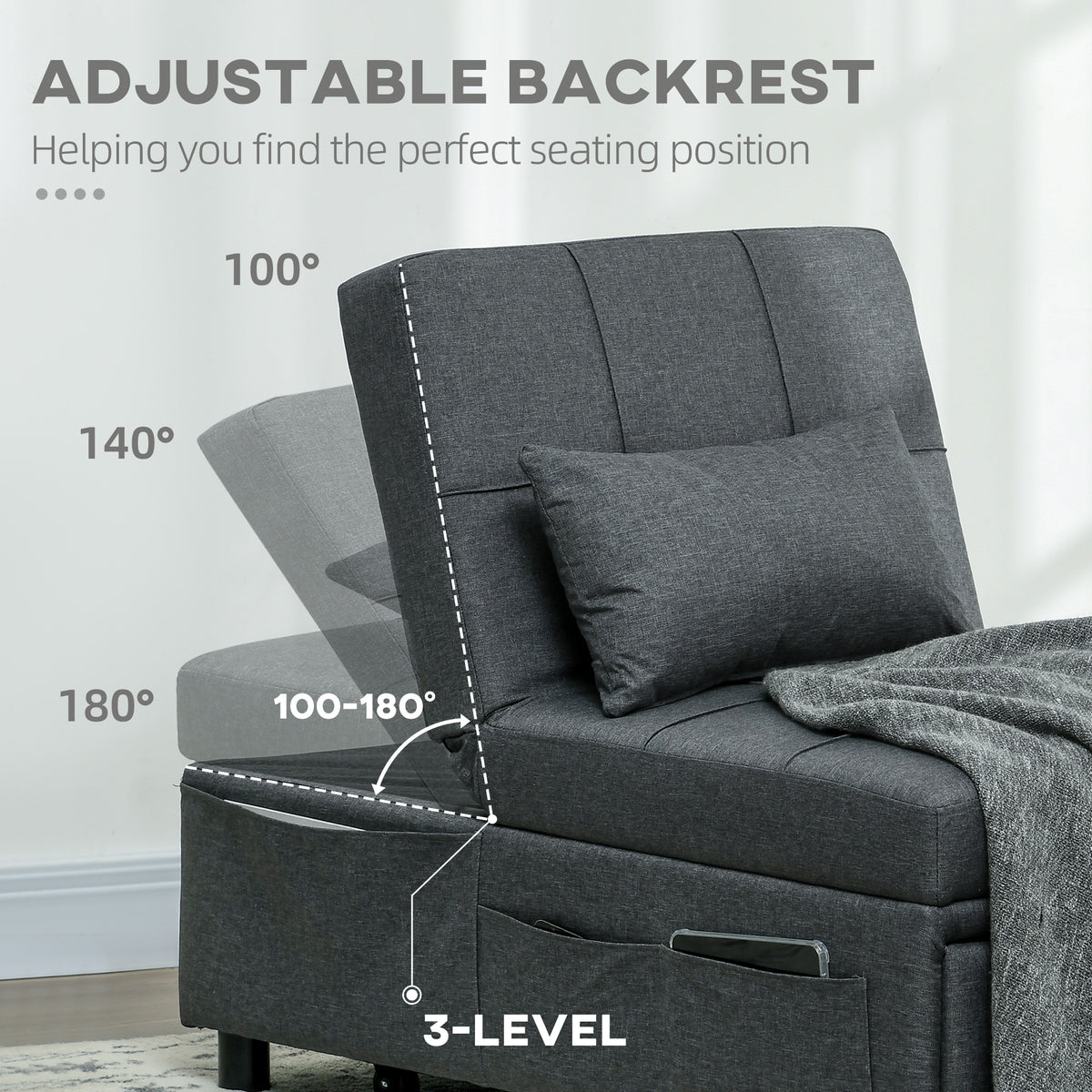 HOMCOM Convertible Chair Bed with Padding Seat in Grey