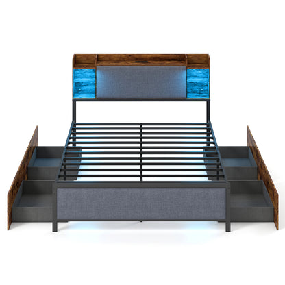 Double Bed Frame with LED Lights Charging Station Storage and Headboard-RusticBrown