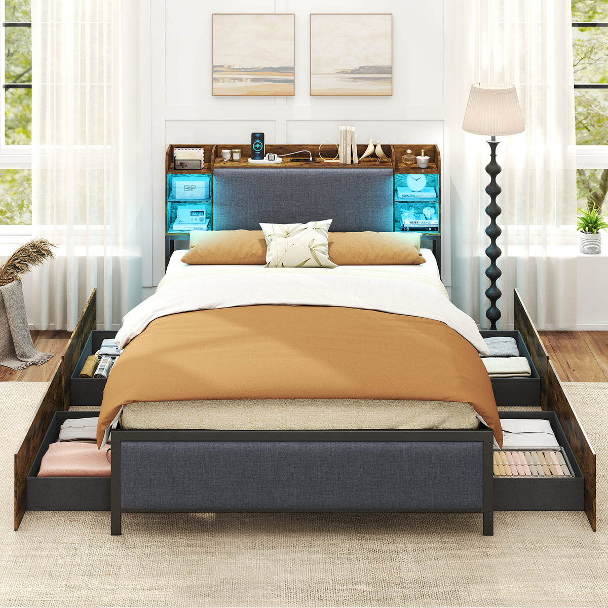 Double Bed Frame with LED Lights Charging Station Storage and Headboard-RusticBrown
