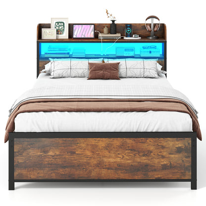 Double Bed Frame with LED Lights and Power Outlets with Storage Headboard-Rustic Brown
