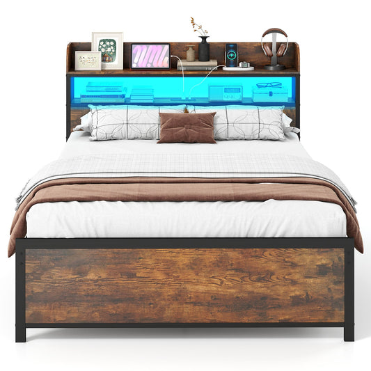 Double Bed Frame with LED Lights and Power Outlets with Storage Headboard-Rustic Brown