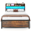 Double Bed Frame with LED Lights and Power Outlets with Storage Headboard-Rustic Brown