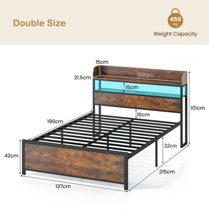 Double Bed Frame with LED Lights and Power Outlets with Storage Headboard-Rustic Brown