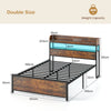 Double Bed Frame with LED Lights and Power Outlets with Storage Headboard-Rustic Brown