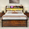 Double Bed Frame with LED Lights and Power Outlets with Storage Headboard-Rustic Brown