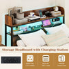 Double Bed Frame with LED Lights and Power Outlets with Storage Headboard-Rustic Brown