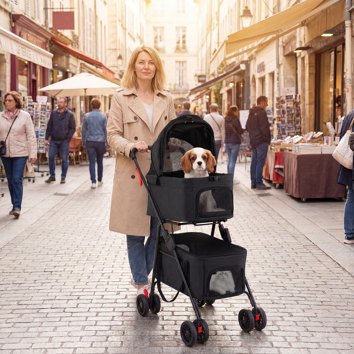 A woman pushing the black dog stroller with a dog and cat inside along a busy street