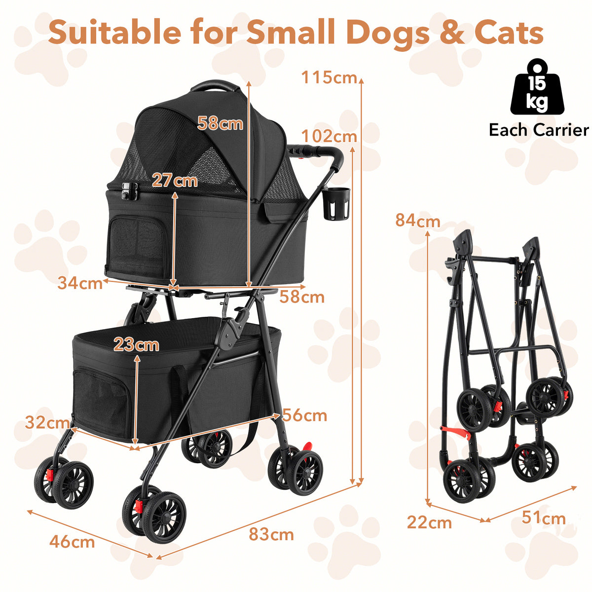 The dog stroller showing various dimensions and the folded frame on a light background