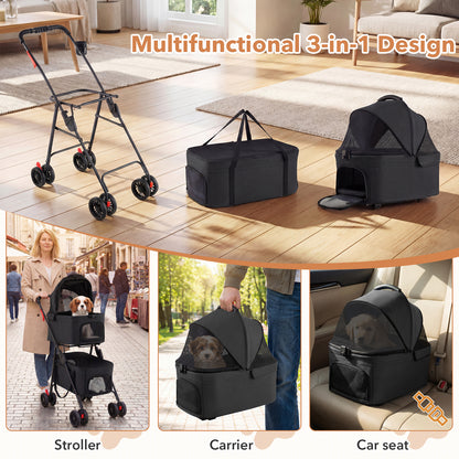 The dog stroller shown as a carrier and car seat with a frame on a wooden floor