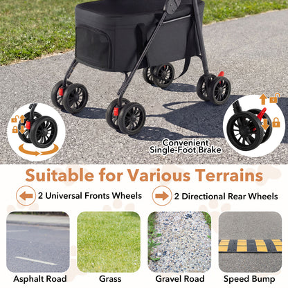 The dog stroller wheels and brake system with examples of different ground surfaces