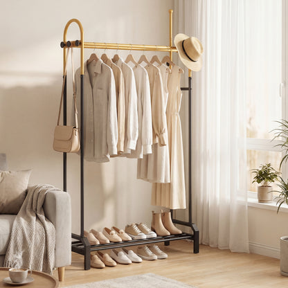Double Rods Garment Rack Freestanding Clothing Rack with 5 Hooks-Golden