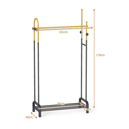 Double Rods Garment Rack Freestanding Clothing Rack with 5 Hooks-Golden