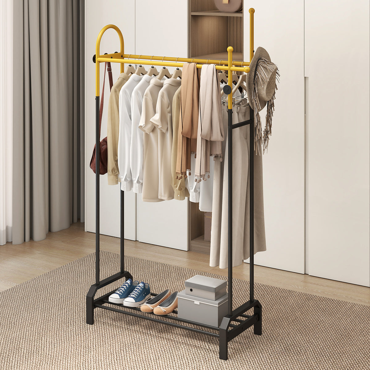 Double Rods Garment Rack Freestanding Clothing Rack with 5 Hooks-Golden