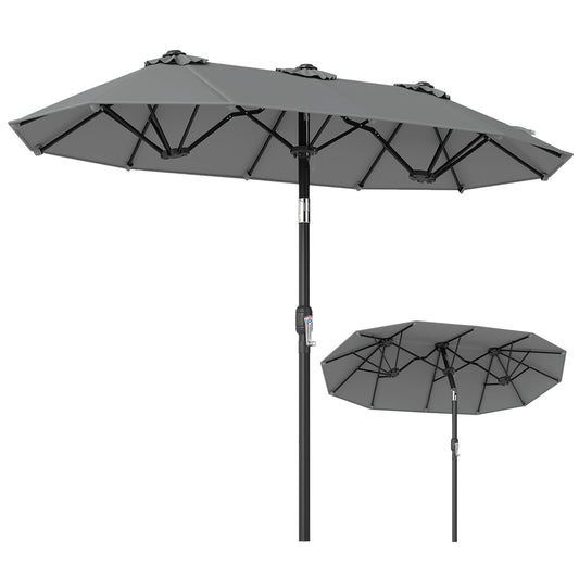 Double-Sided Patio Umbrella with Push Button Tilt and Crank and 12 Ribs-Grey