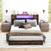 Double Size Bed Frame with LED Lights and Charging Station-Brown