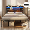 Double/King Size Bed Frame with LED Lights and Charging Station-Rustic Brown-King Size