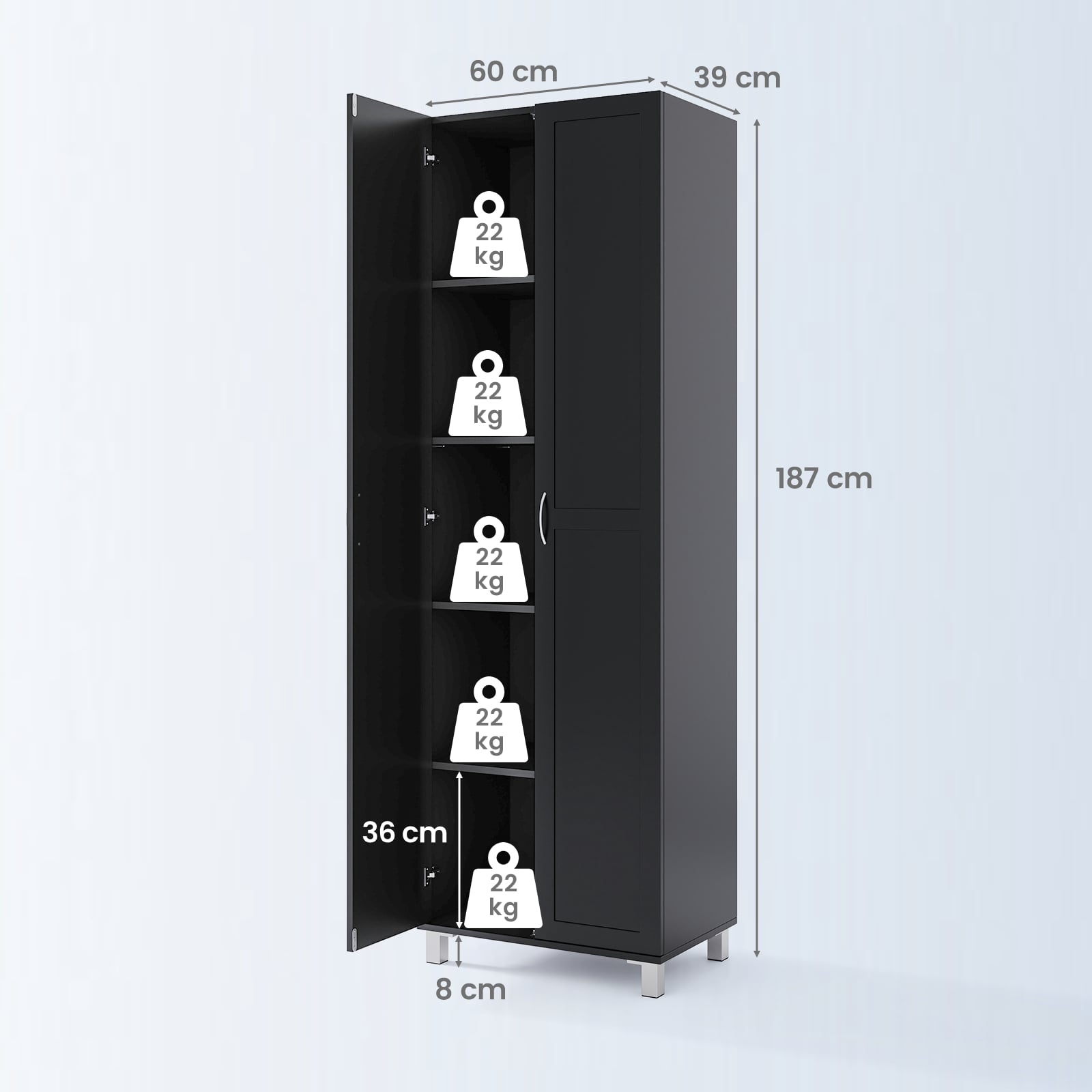 Double Door Tall Storage Cabinet with Adjustable Shelf and Anti-tilt Design-Black