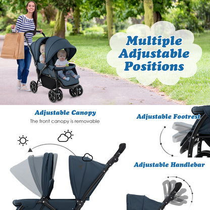 Double Pushchair with Adjustable Backrest and Sunshade-Blue