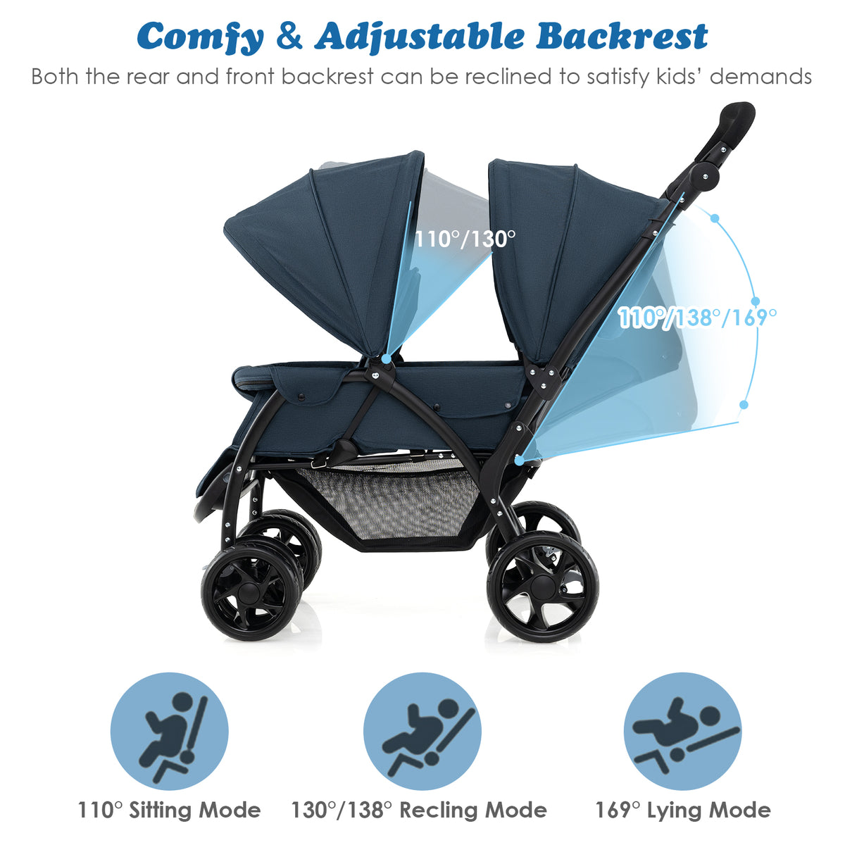 Double Pushchair with Adjustable Backrest and Sunshade-Blue
