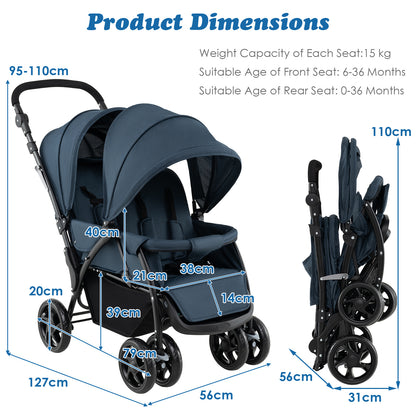 Double Pushchair with Adjustable Backrest and Sunshade-Blue