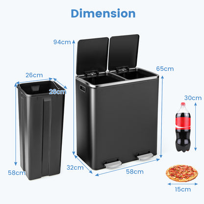 Double Recycle Pedal Bin wth Dual Removable Compartments-Black