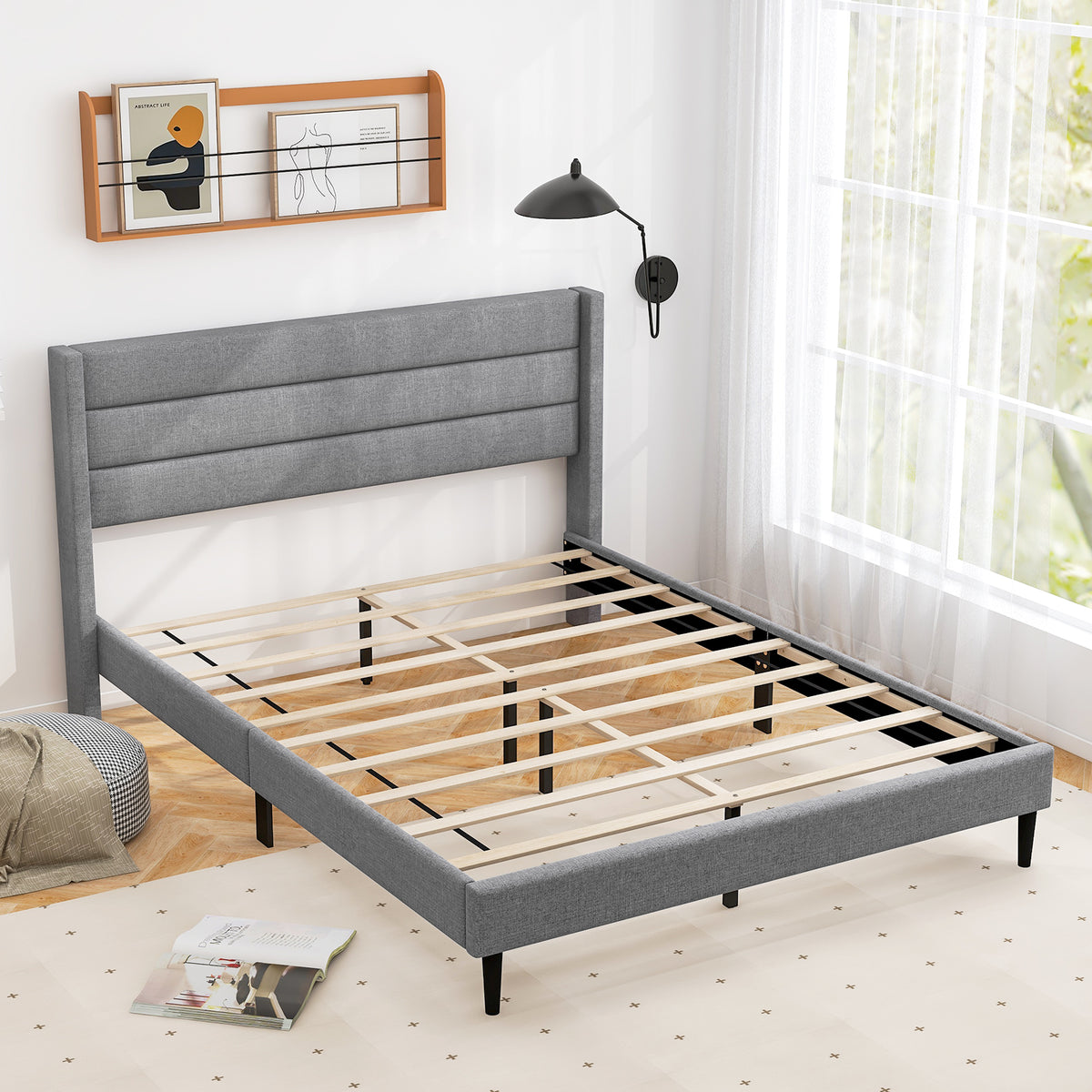 Single/Double Size Bed Frame with Wingback Headboard and Wooden Slats Support-Grey-Double Size