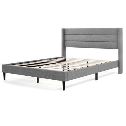 Single/Double Size Bed Frame with Wingback Headboard and Wooden Slats Support-Grey-Double Size