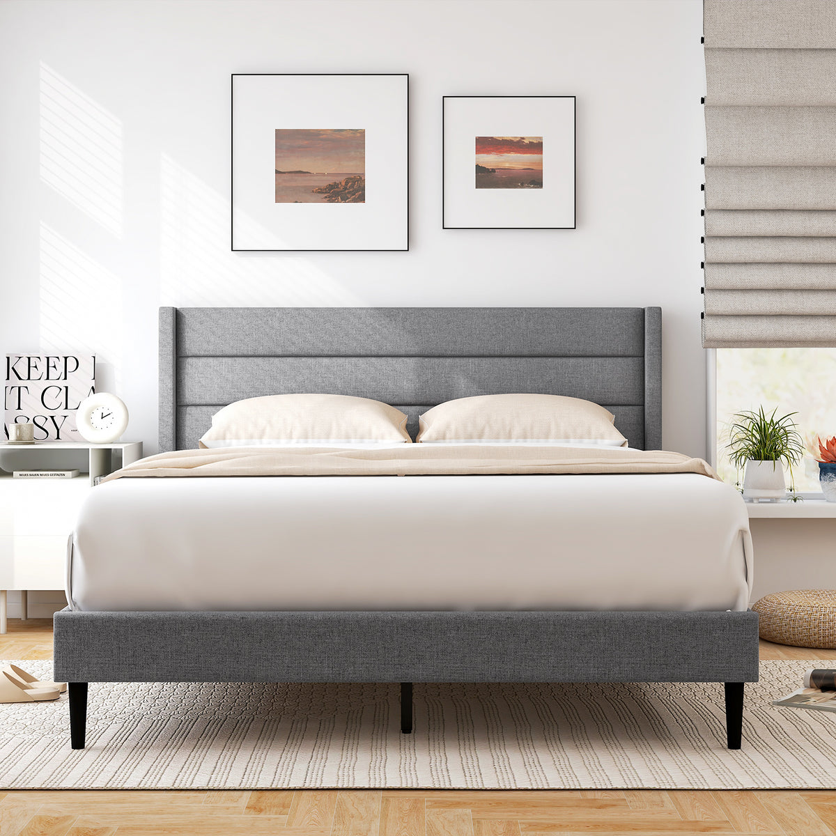 Single/Double Size Bed Frame with Wingback Headboard and Wooden Slats Support-Grey-Double Size