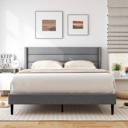 Single/Double Size Bed Frame with Wingback Headboard and Wooden Slats Support-Grey-Double Size