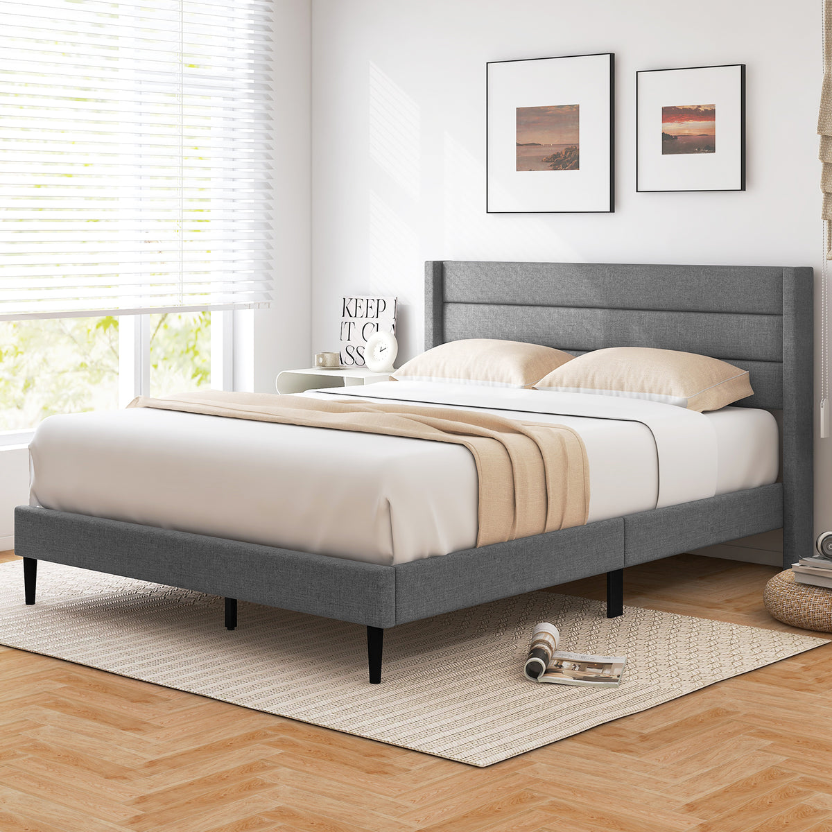 Single/Double Size Bed Frame with Wingback Headboard and Wooden Slats Support-Grey-Double Size
