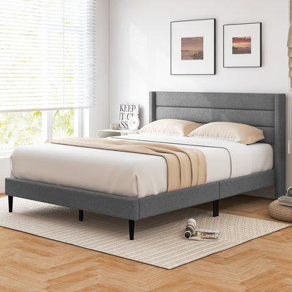 Single/Double Size Bed Frame with Wingback Headboard and Wooden Slats Support-Grey-Double Size