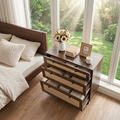 Dresser with 3 Drawers and Rattan Design and 5 Metal Legs for Bedroom-Rustic Brown