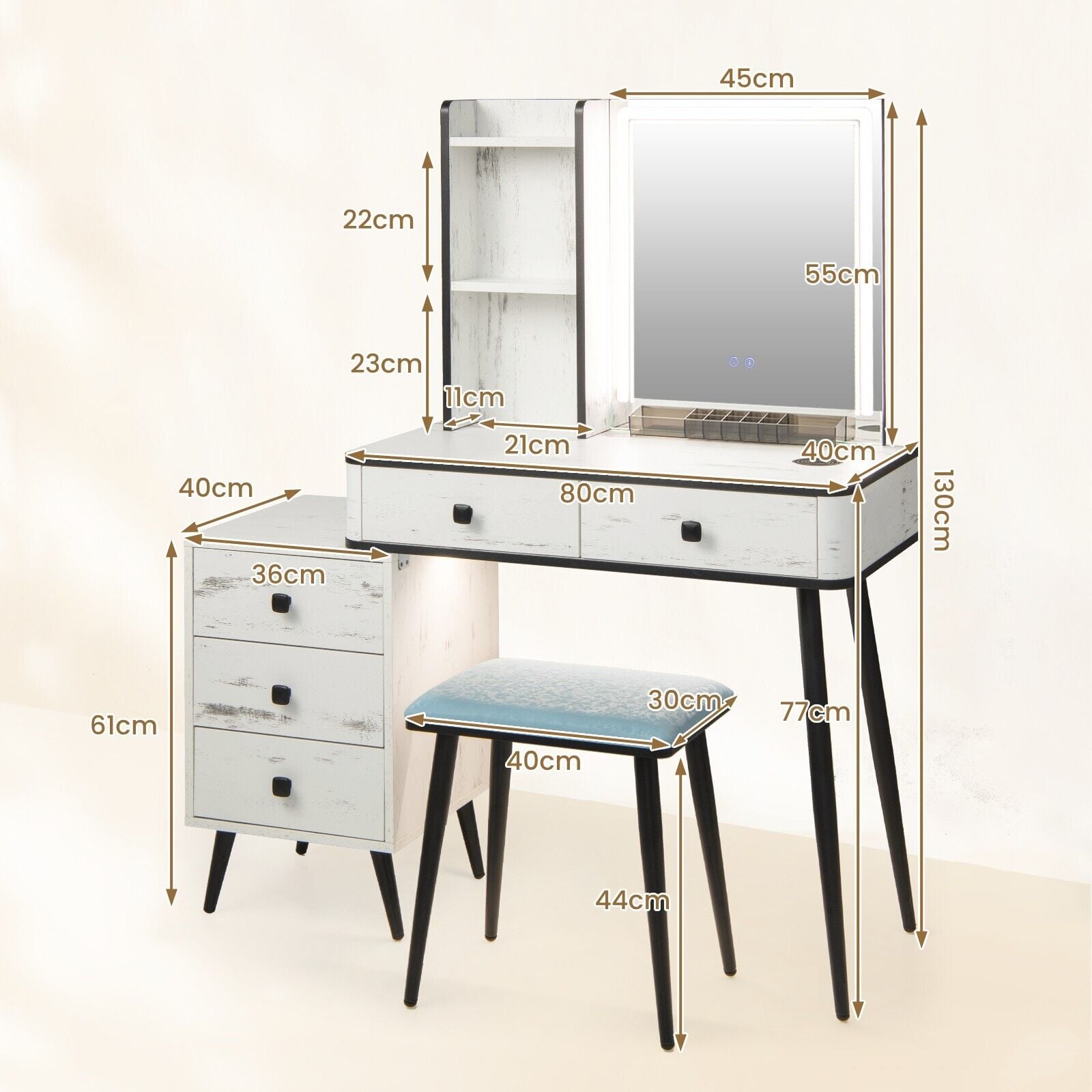 Vanity Table Set with 3-Color LED Lights Mirror and Charging Station-White