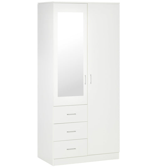 HOMCOM 2 Door 3 Drawer Mirrored Wardrobe with Hanging Rail, Modern Clothes Storage Cupboard with Mirror, Drawers and Adjustable Shelves for Bedroom, 80 x 50 x 180 cm, White