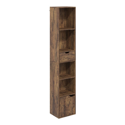 HOMCOM 6-Tier Bookcase, Tall Narrow Bookshelf with Drawer, Door, Adjustable Shelf for Living Room, Rustic Brown