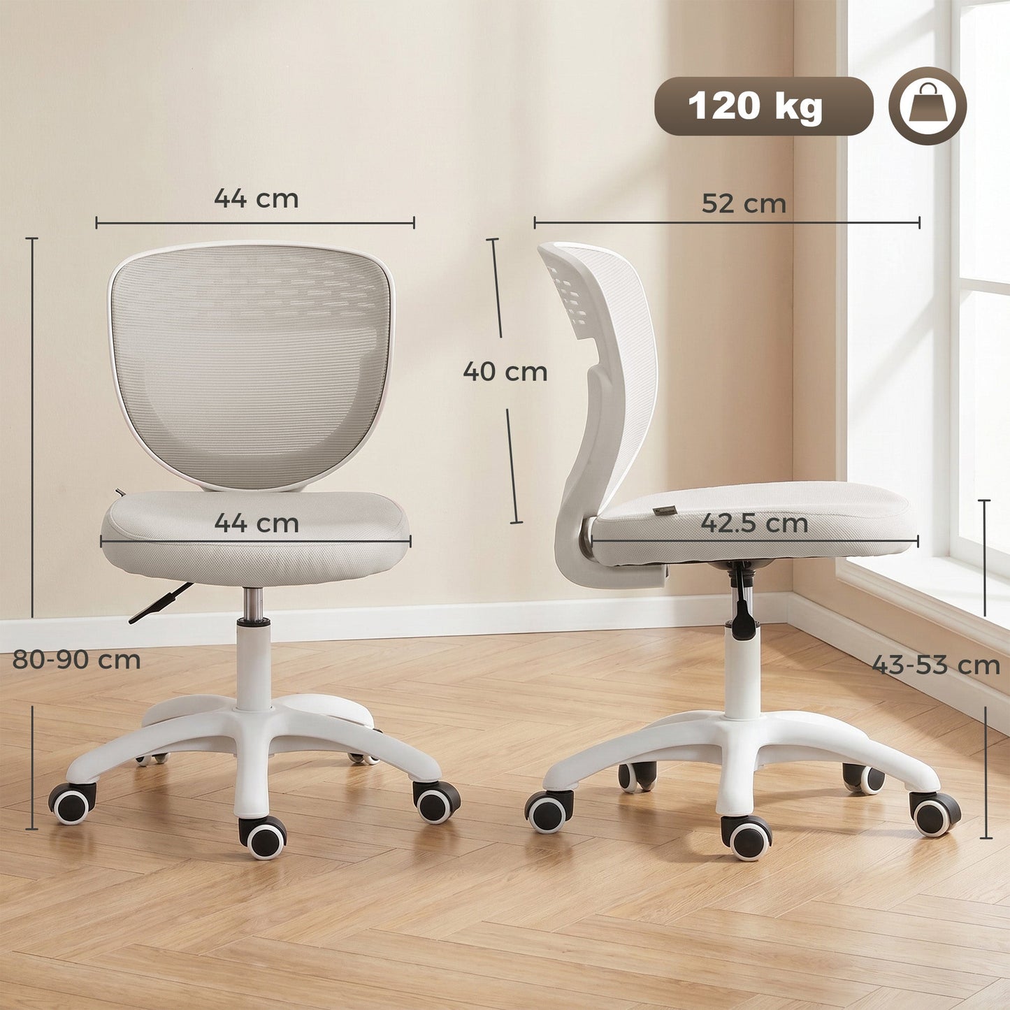 HOMCOM Office Chair, Armless Computer Desk Chair with Breathable Mesh, Adjustable Height, Swivel Wheels, Grey